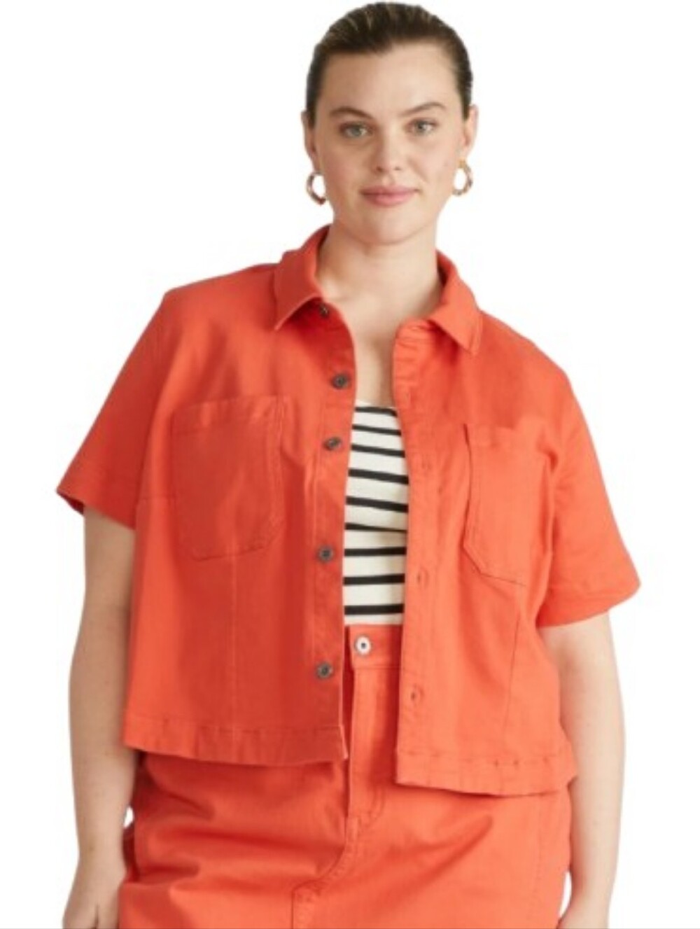 Universal Standard Flynn Short Sleeve Denim Jacket Coral Reef Orange Size L Boxy
